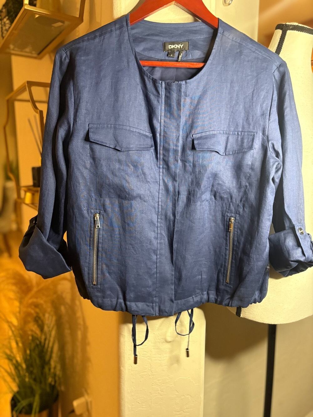 DKNY Women's Linen Navy Blue Utility Shirt Jacket Size S 4-10